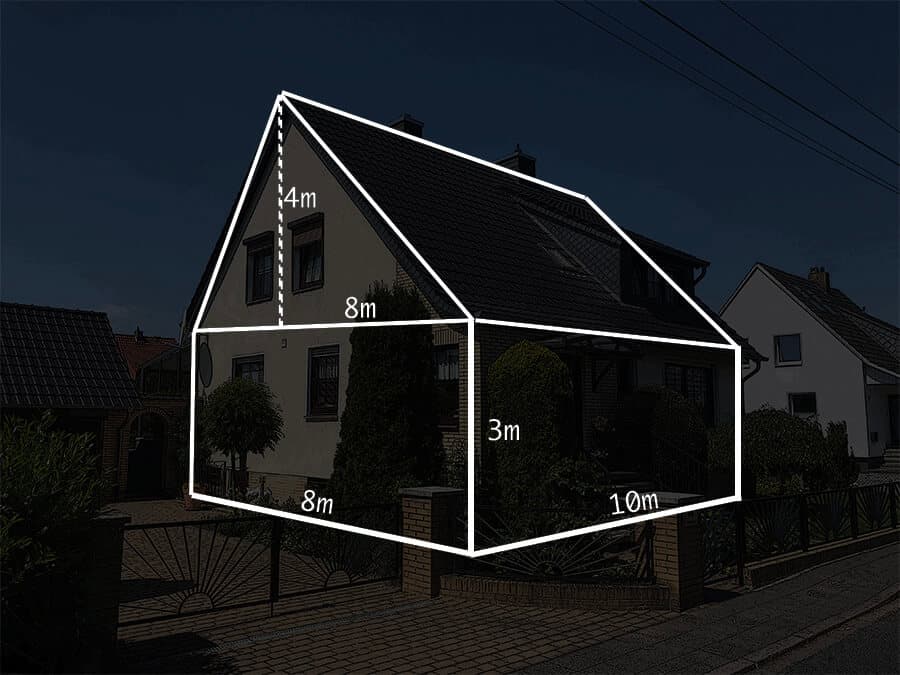 Einfamilienhaus mit Bemaßungen für den Fassadenanstrich